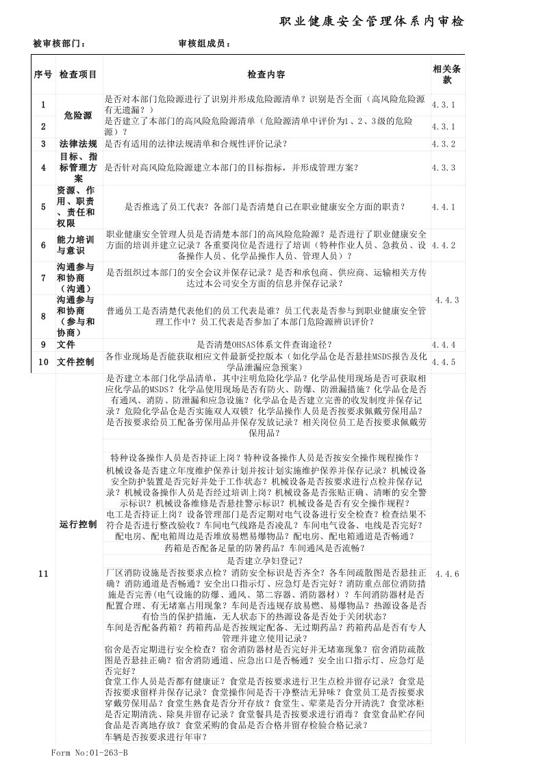 职业健康安全管理体系内审检查表