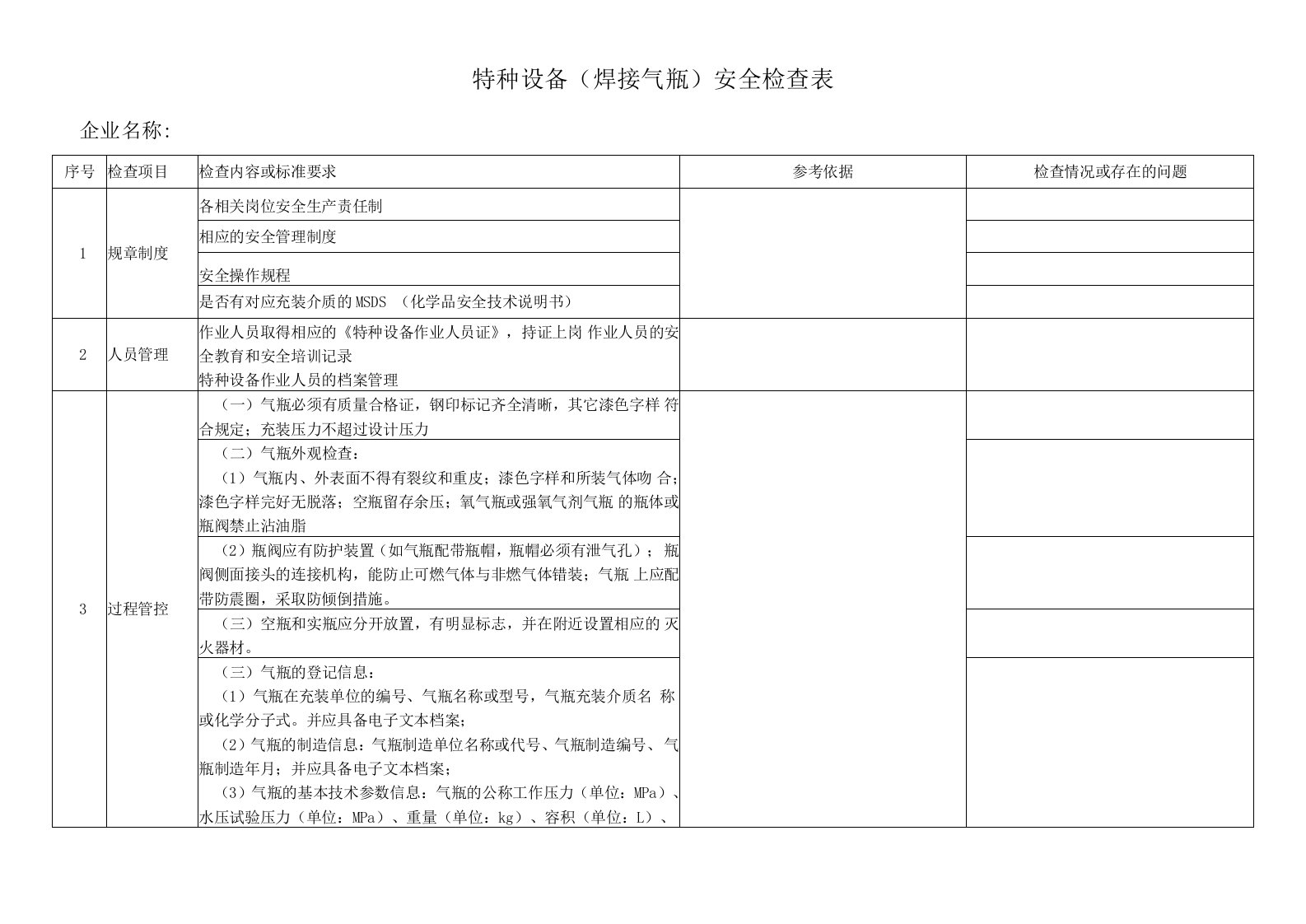 特种设备（焊接气瓶）安全检查表