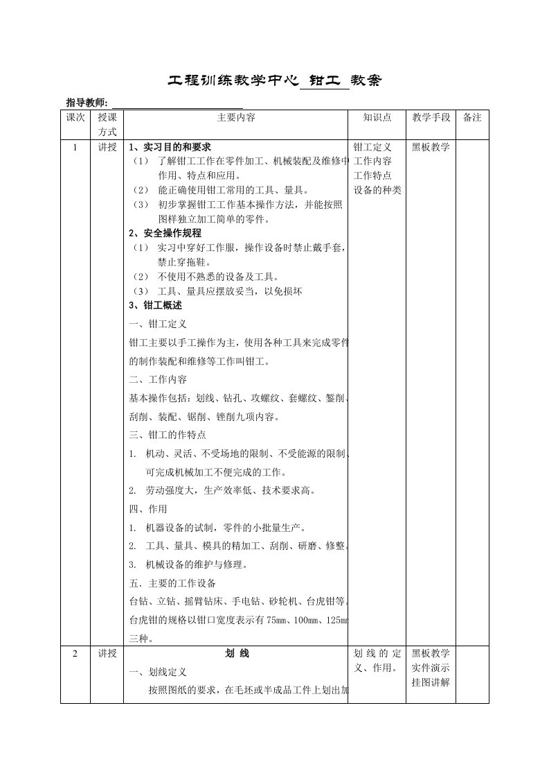 精选钳工-工程训练教学中心教案