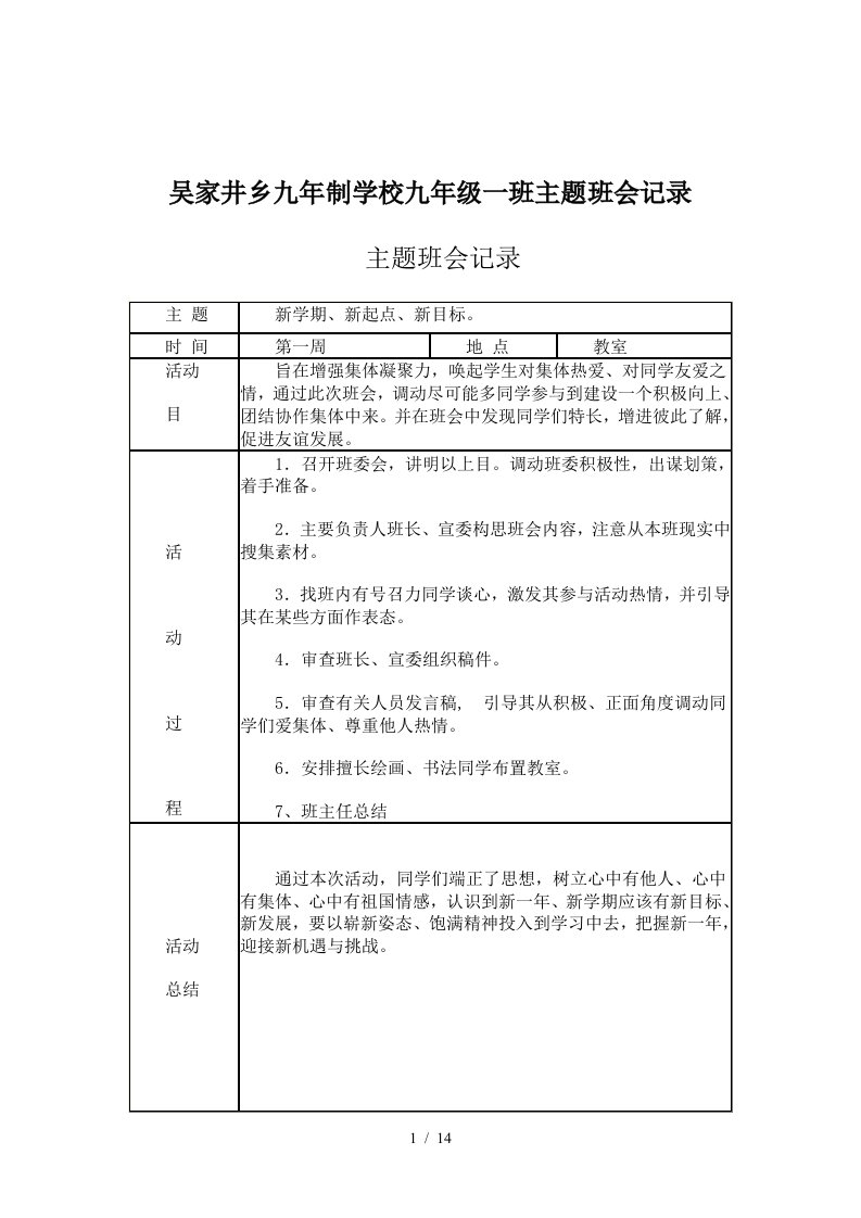 吴家井乡九年制学校九年级一班主题班会记录