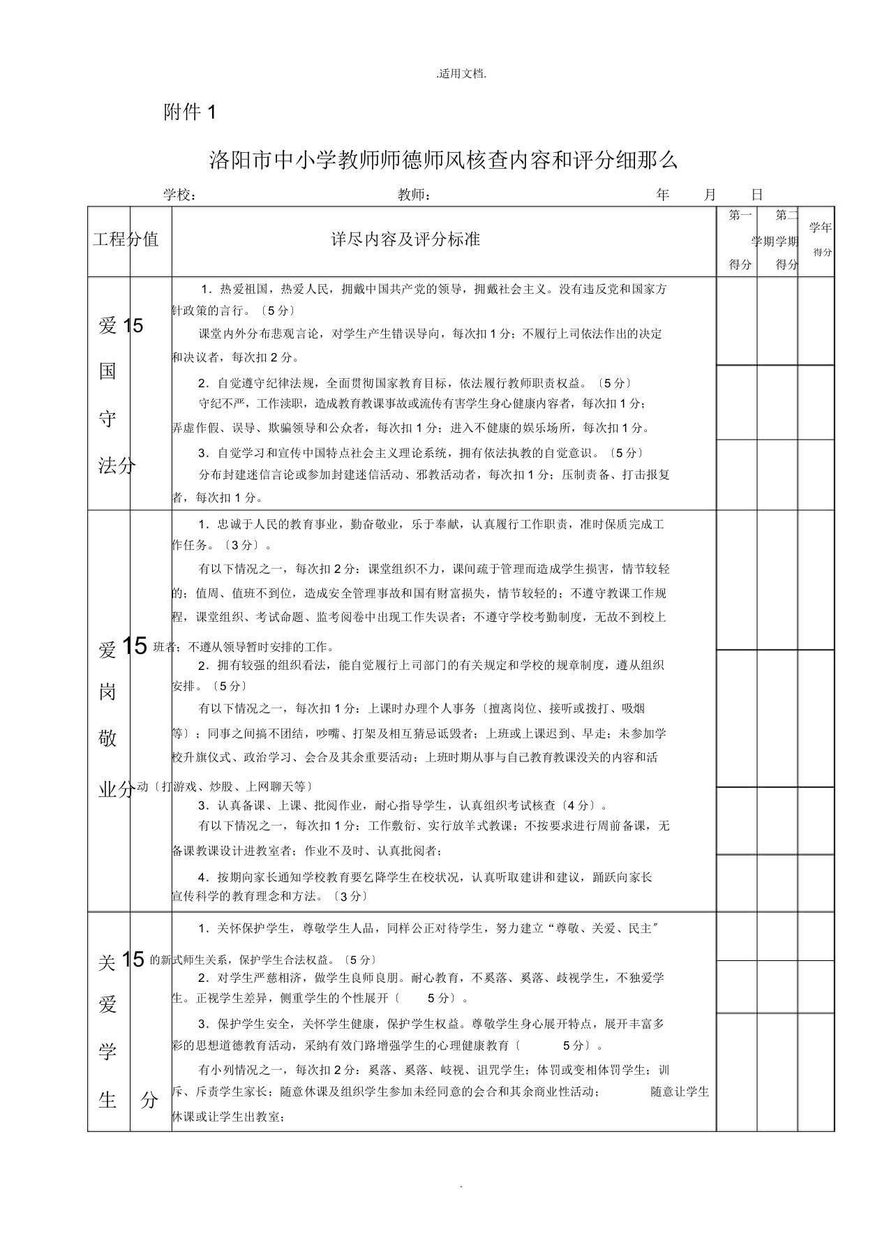 中小学教师师德师风考核内容和评分细则