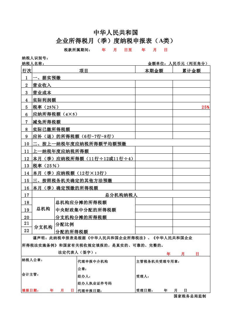 企业所得税申报表a类(样表)