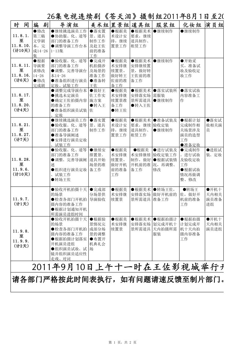 《苍天泪》剧组开机前各部门倒计时工作计划--2011-7