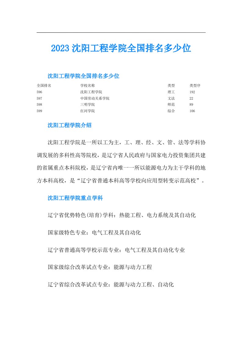 沈阳工程学院全国排名多少位