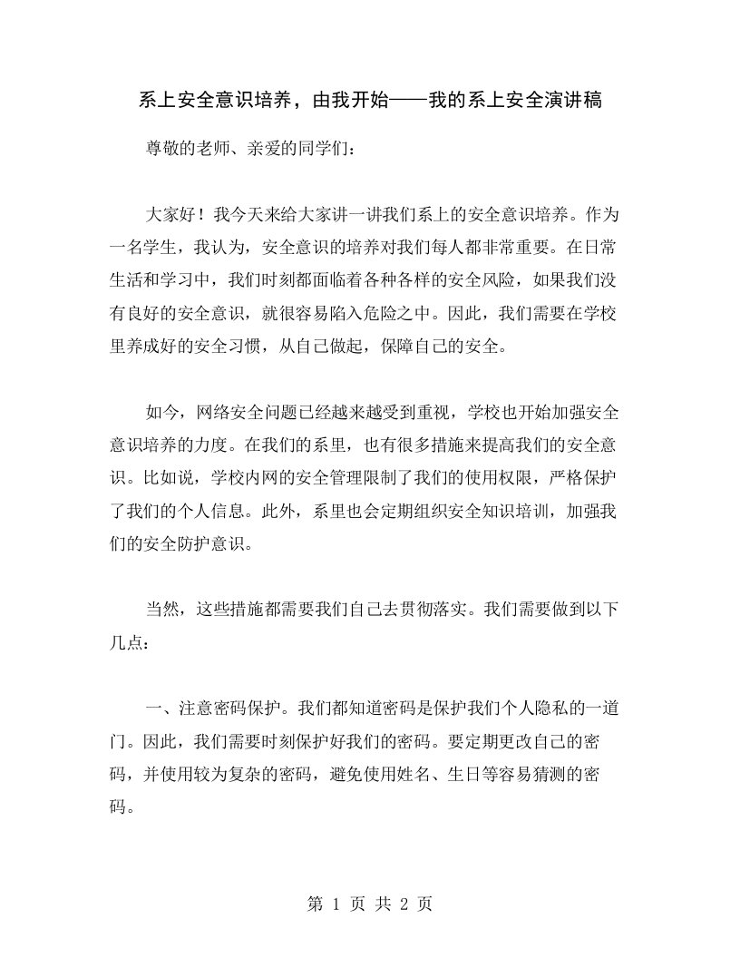 系上安全意识培养，由我开始——我的系上安全演讲稿