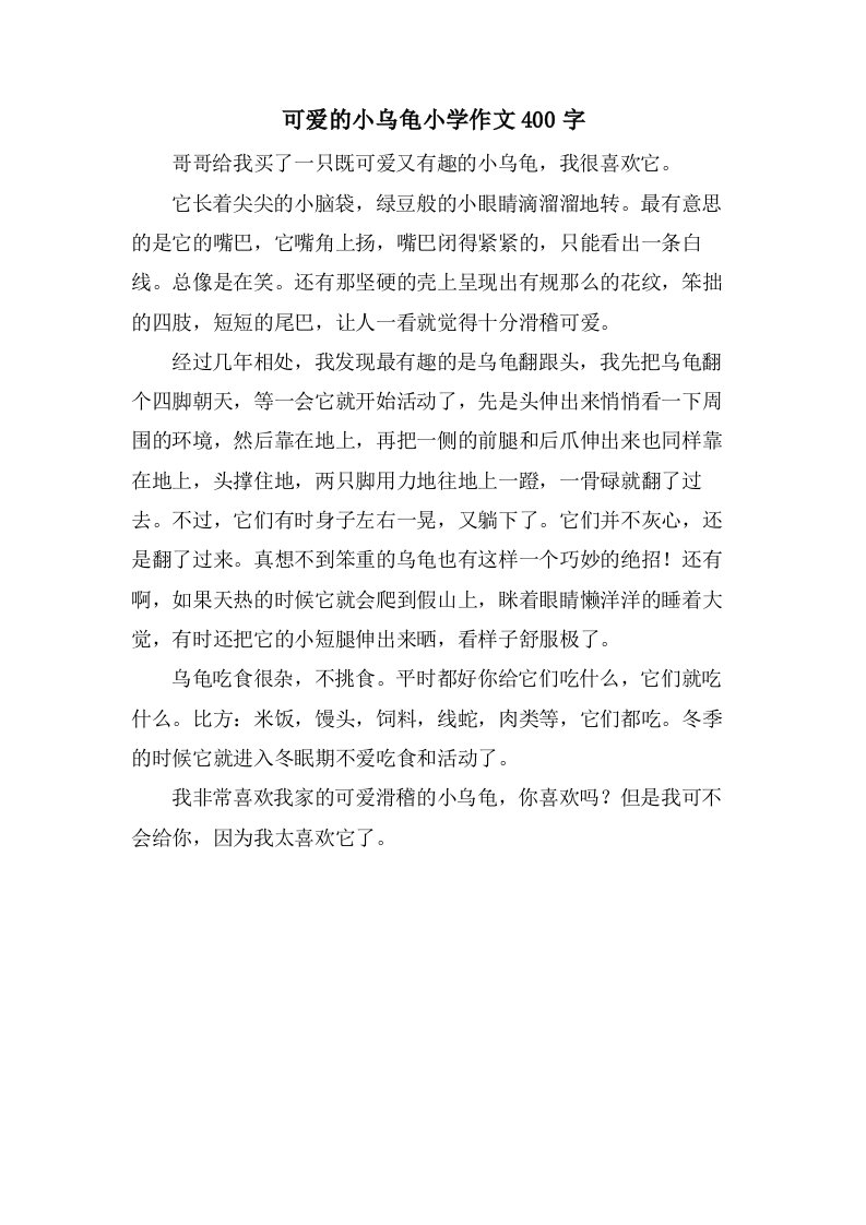 可爱的小乌龟小学作文400字