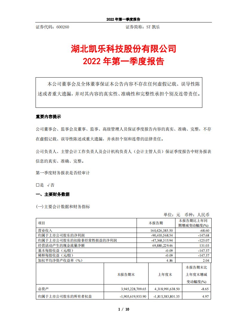 上交所-湖北凯乐科技股份有限公司2022年一季度报告-20220429