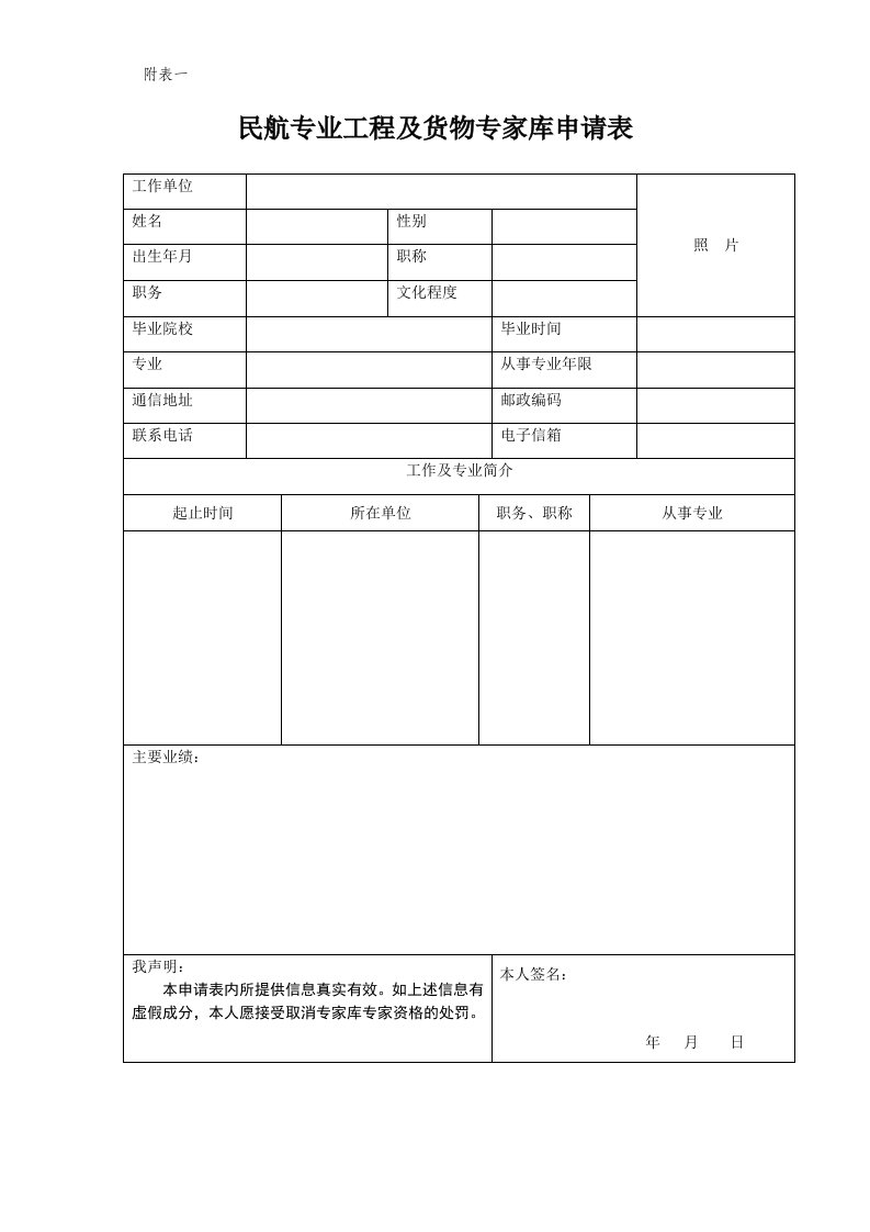 民航专业工程及货物专家库申请表