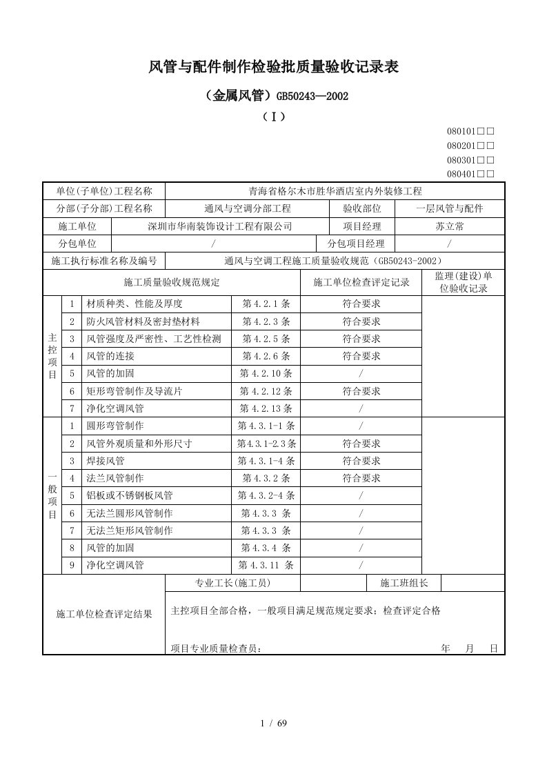 风管与配件制作检验批质量验收记录表(金属风管)