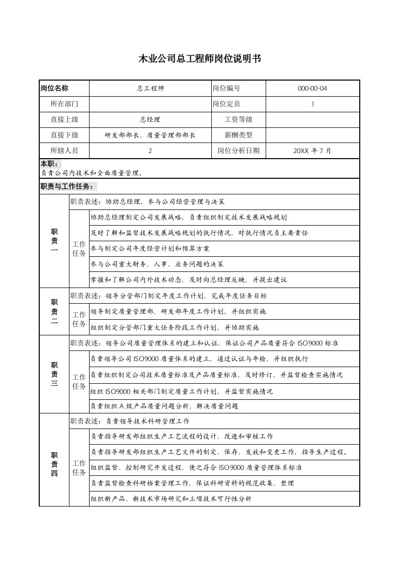 岗位职责-木业公司总工程师岗位说明书