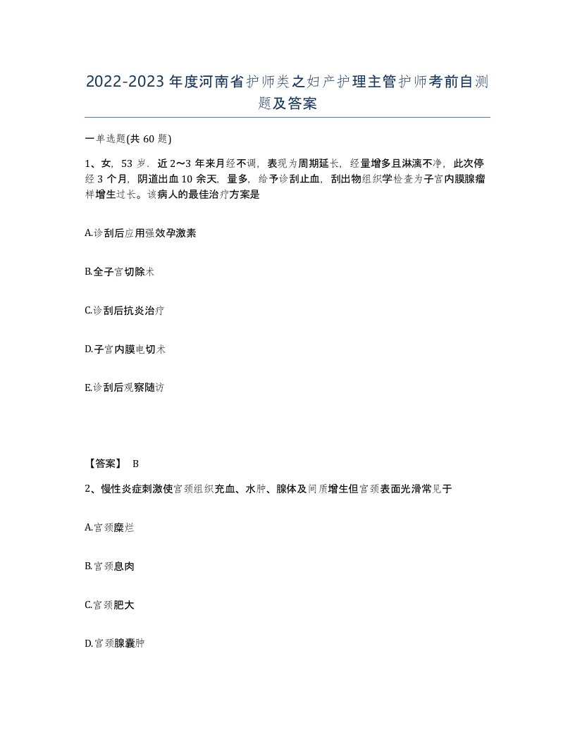 2022-2023年度河南省护师类之妇产护理主管护师考前自测题及答案