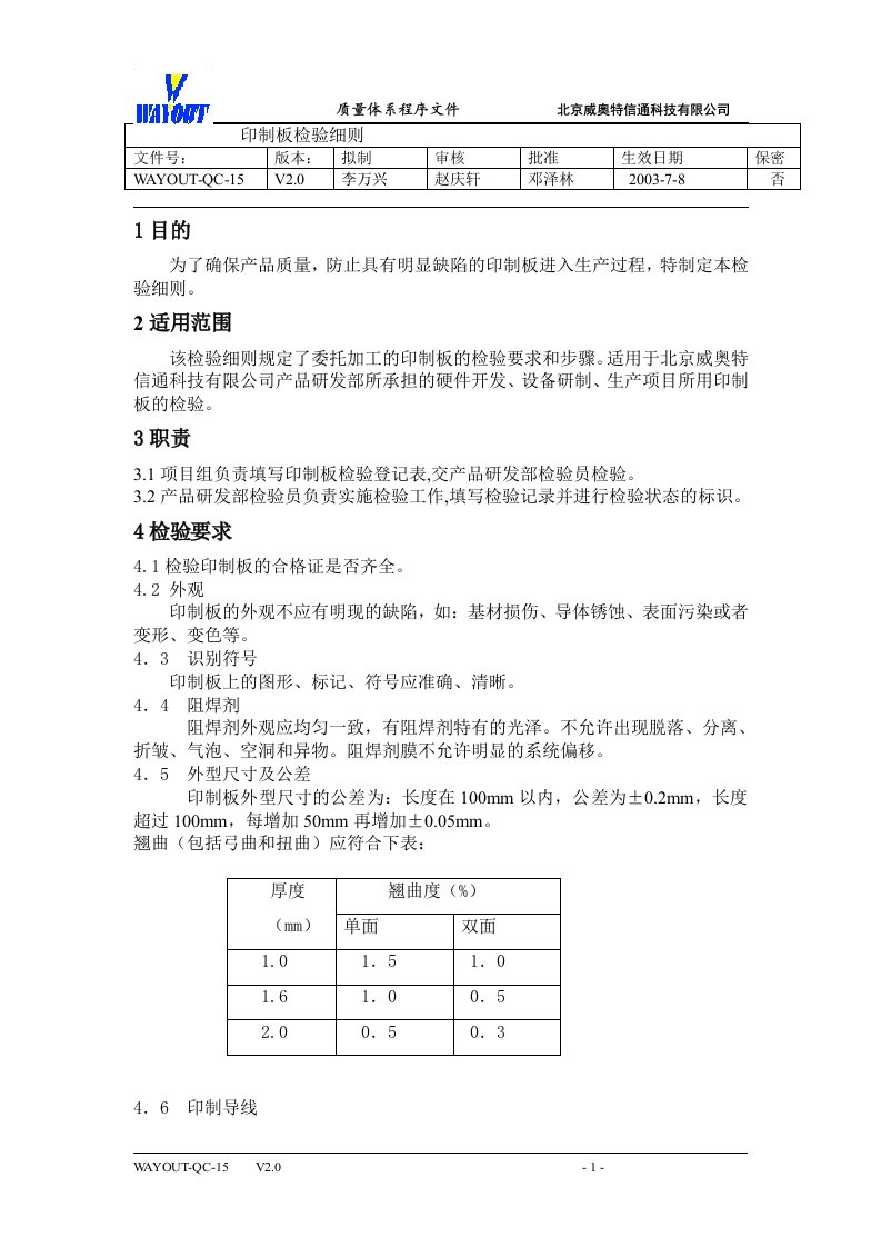 WAYOUT-QC-15印制板检验细则