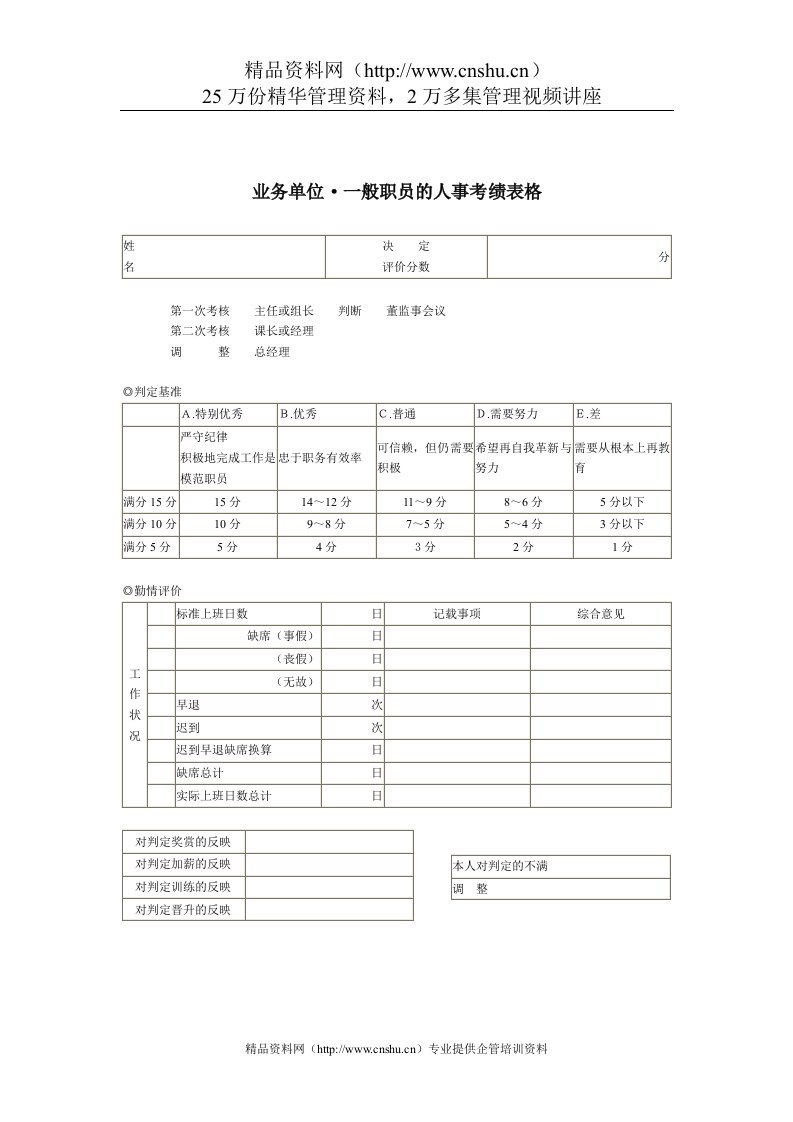 业务单位-一般职员的人事考绩表格