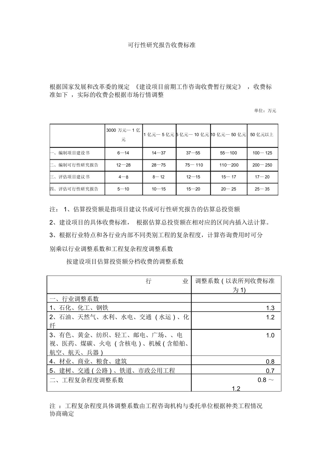 可行性研究报告收费标准