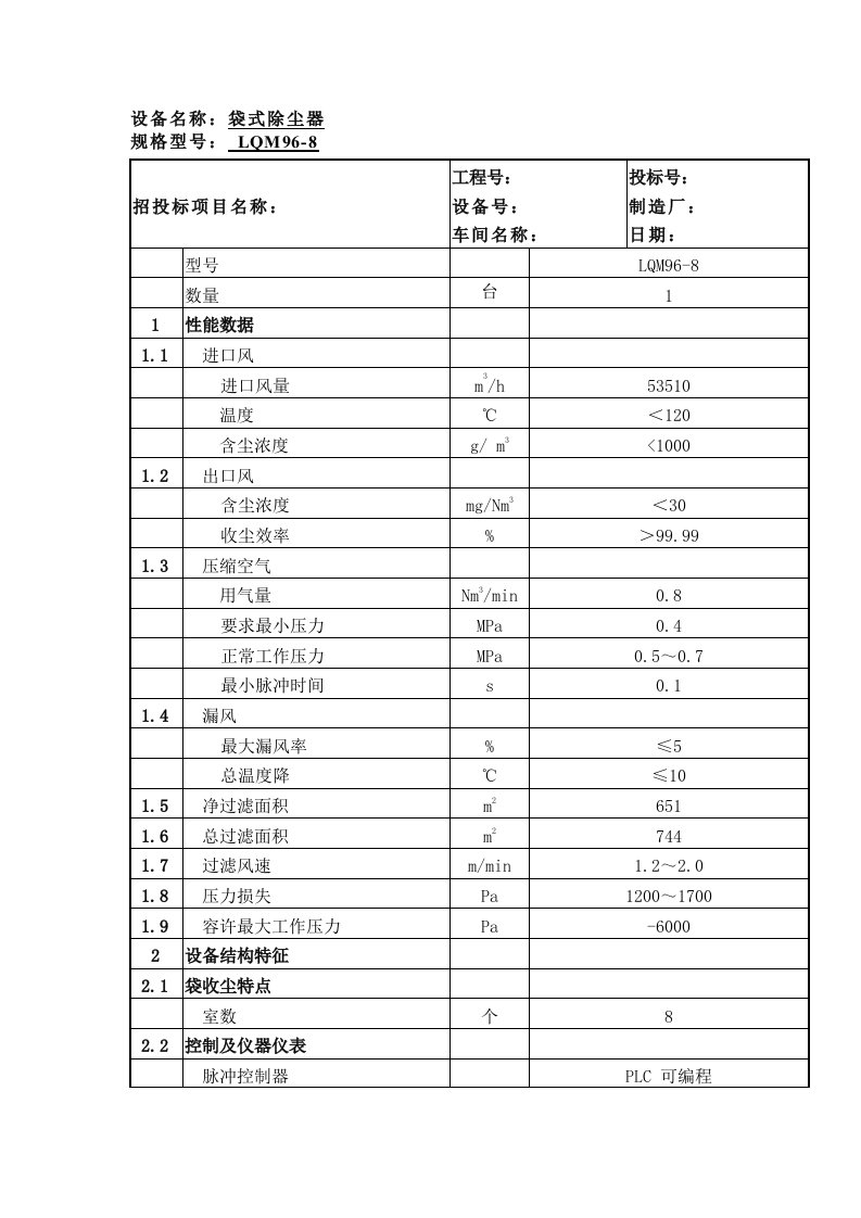 LQM96-8除尘器技术参数