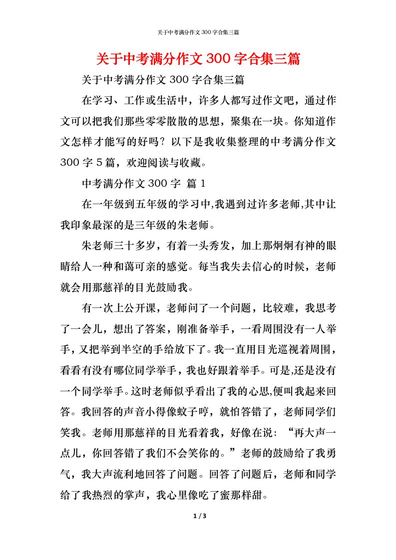 精编关于中考满分作文300字合集三篇