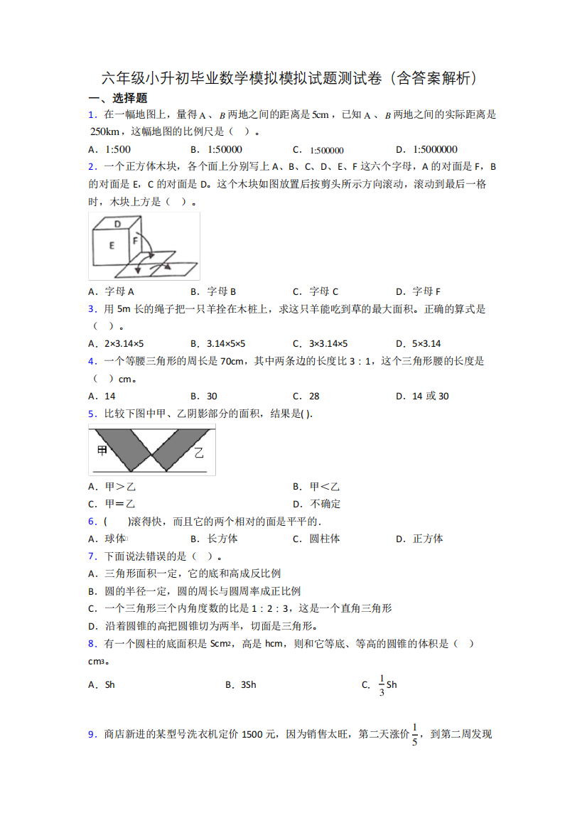 六年级小升初毕业数学模拟模拟试题测试卷(含答案解析)