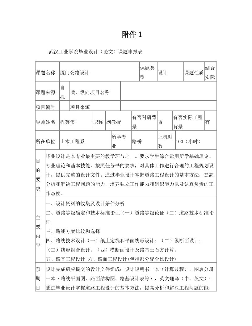 樊金山.厦门公路设计.毕业设计表