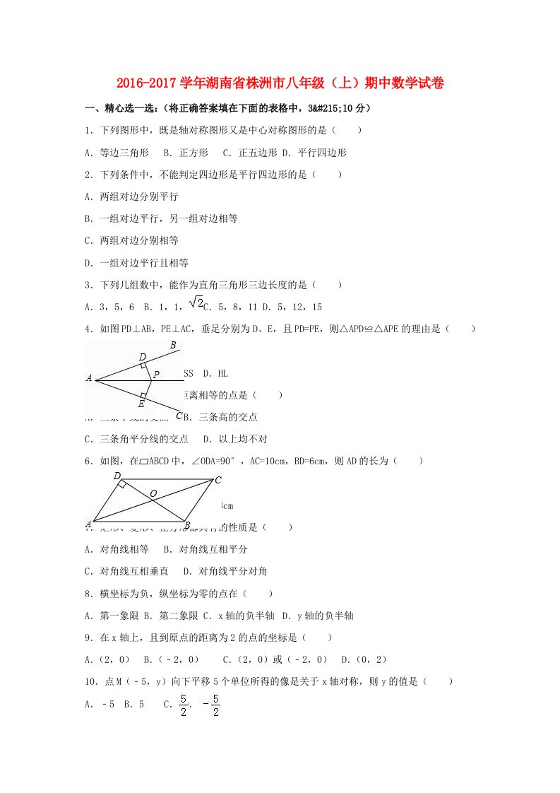 八年级数学上学期期中试卷（含解析）