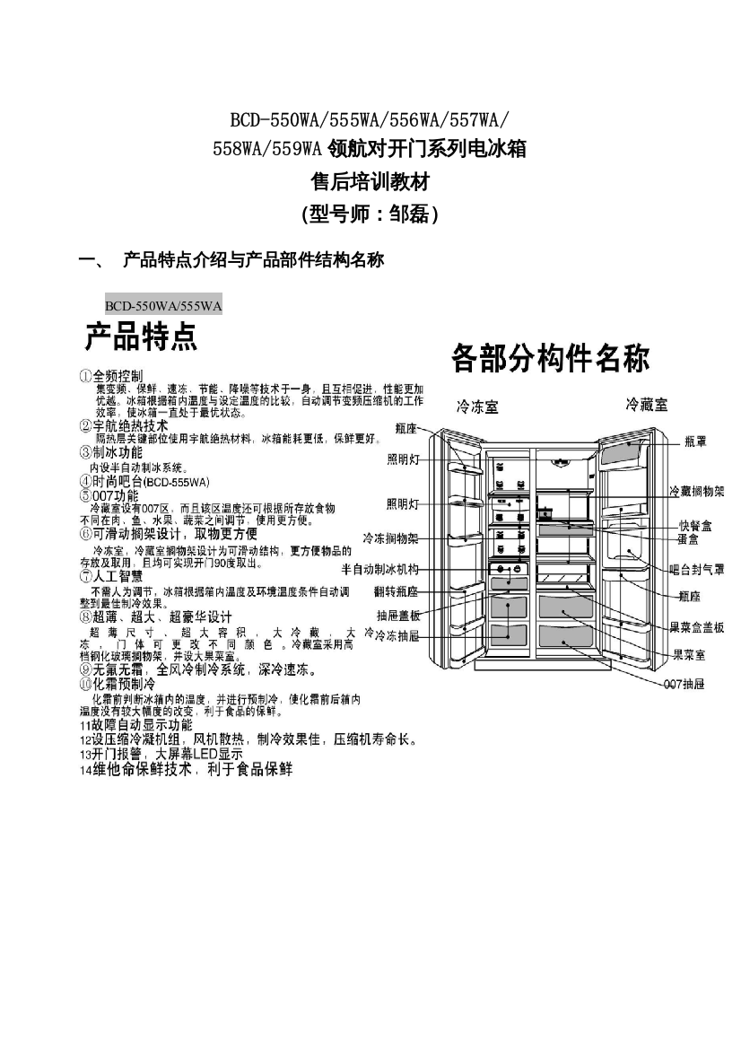 YA555宇航变频对开门大冰箱培训教材