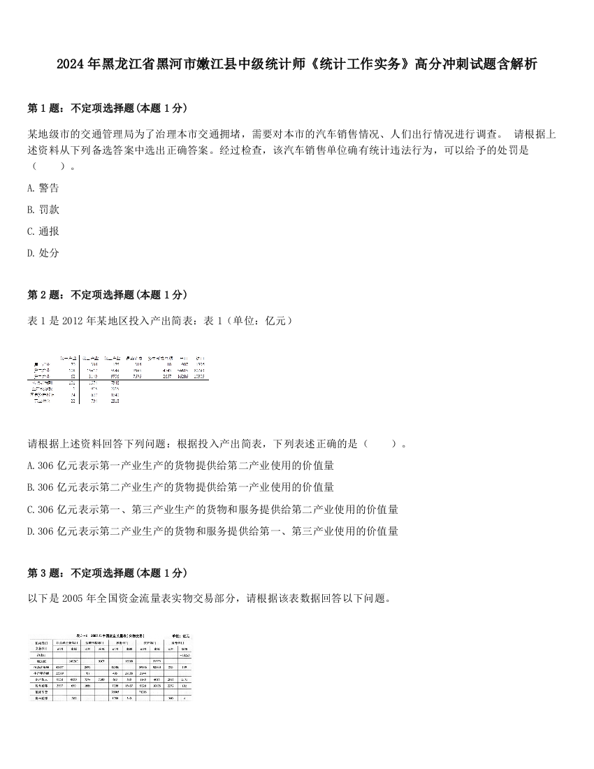 2024年黑龙江省黑河市嫩江县中级统计师《统计工作实务》高分冲刺试题含解析