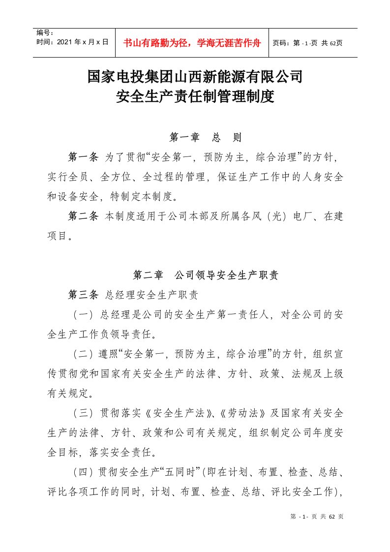 某新能源有限公司安全生产责任制管理制度汇编