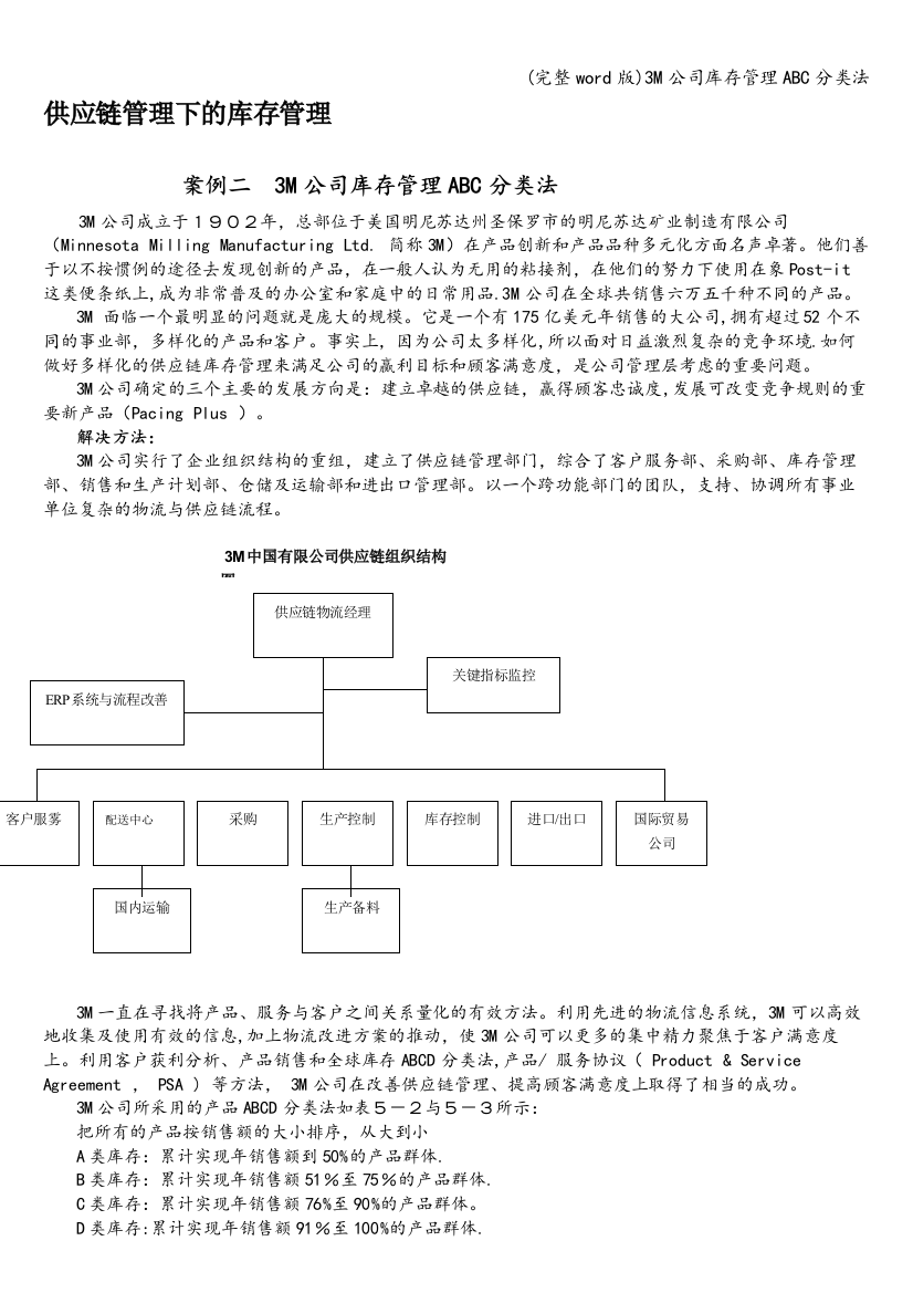 3M公司库存管理ABC分类法