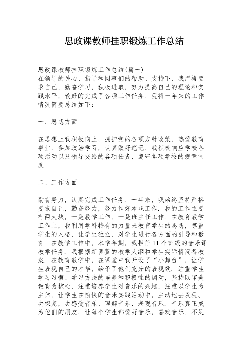 思政课教师挂职锻炼工作总结