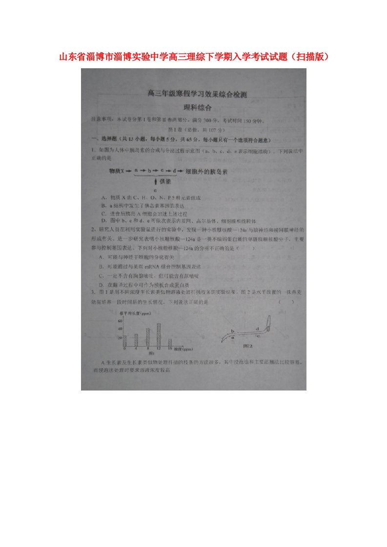 山东省淄博市淄博实验中学高三理综下学期入学考试试题（扫描版）