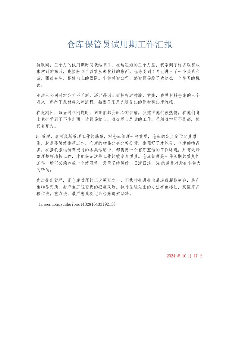 总结报告仓库保管员试用期工作汇报