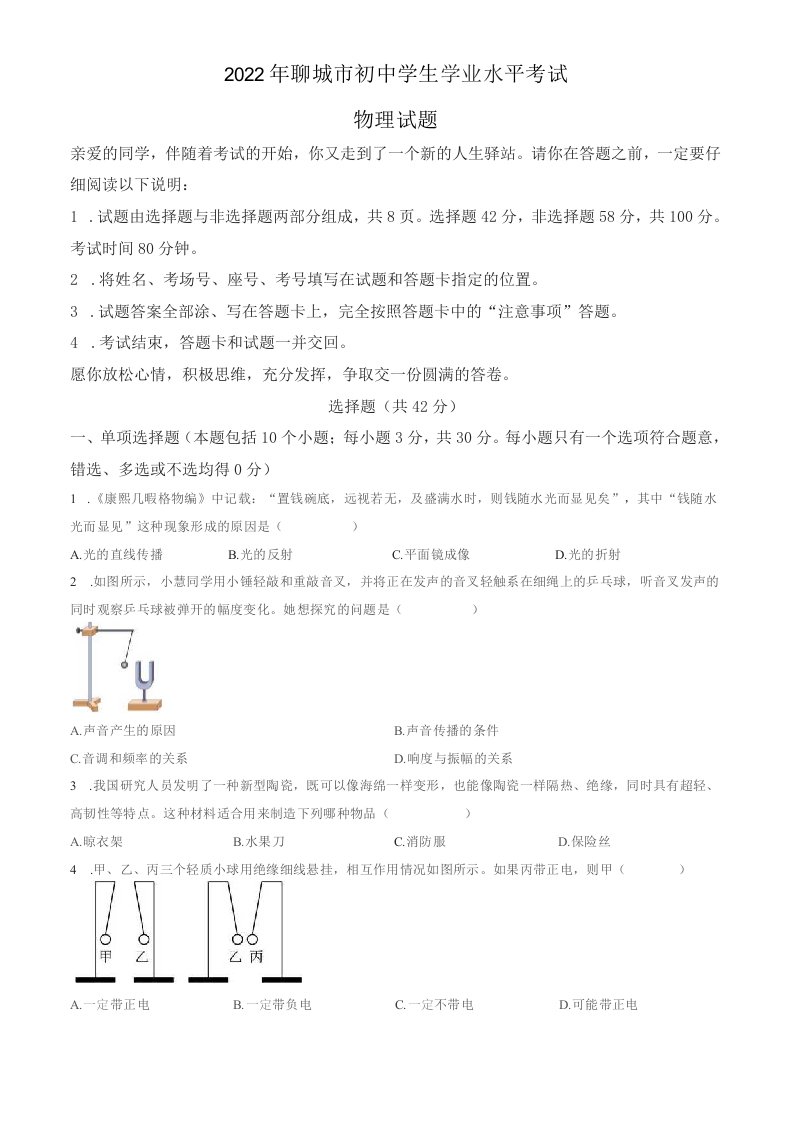 2022年山东省聊城市中考物理真题卷（含答案与解析）