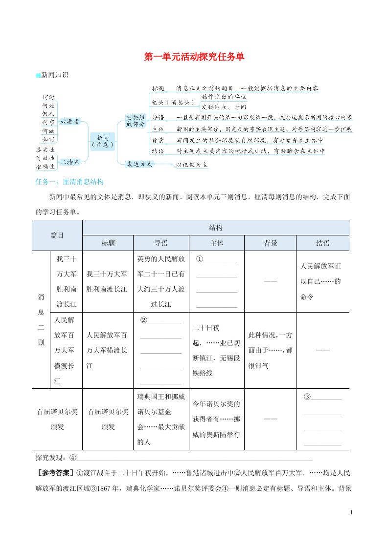 2023八年级语文上册第一单元活动探究任务单教学设计新人教版