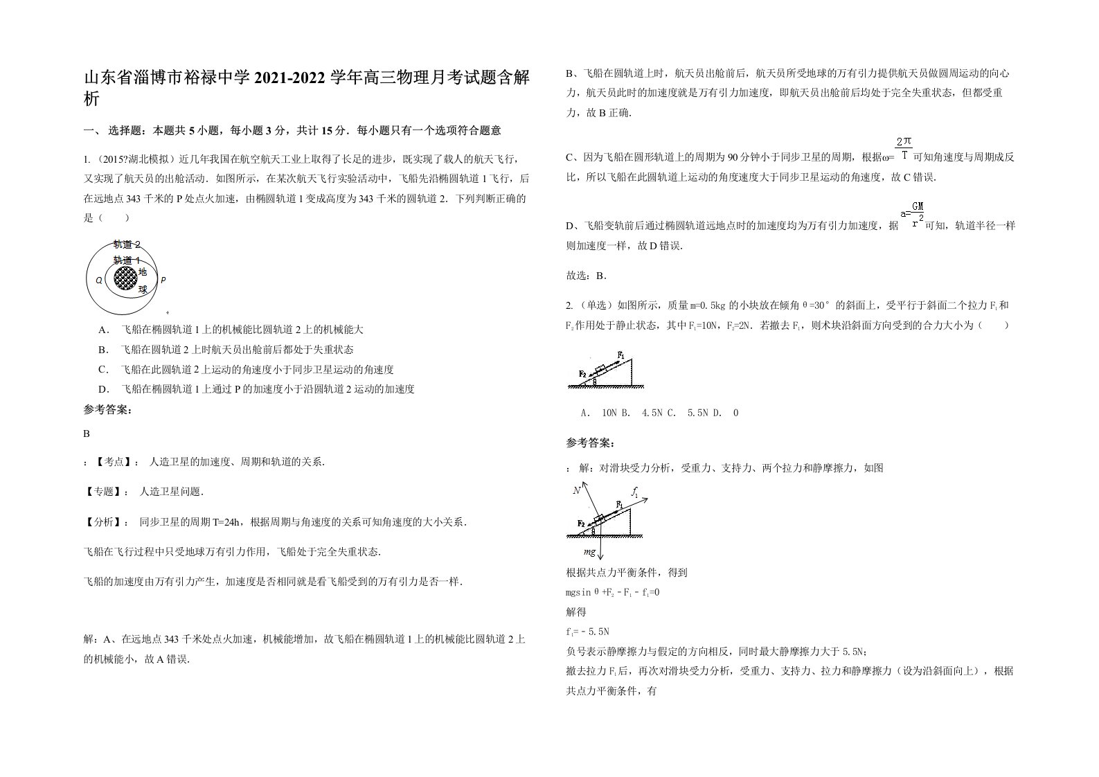 山东省淄博市裕禄中学2021-2022学年高三物理月考试题含解析