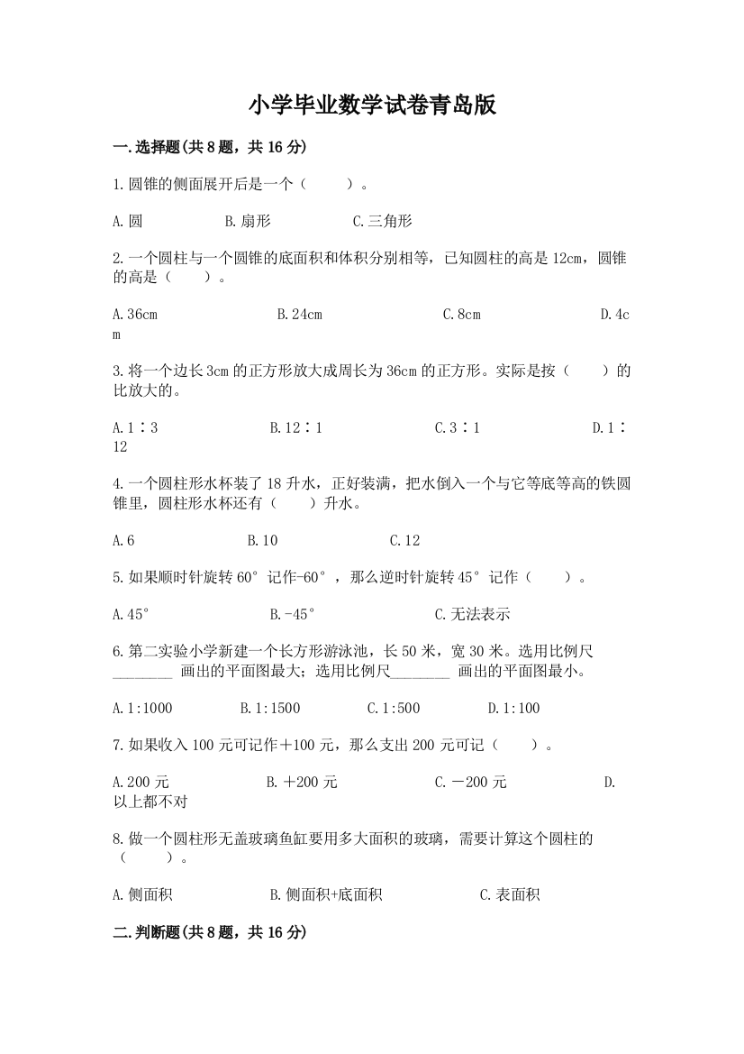 小学毕业数学试卷青岛版精选答案