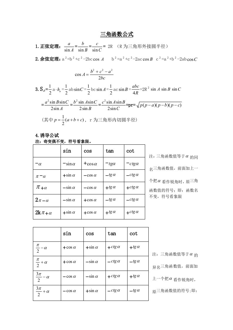 高中数学三角函数公式大全全解