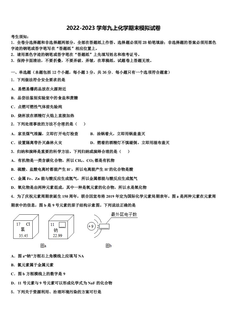 天津市2022-2023学年化学九年级第一学期期末监测试题含解析