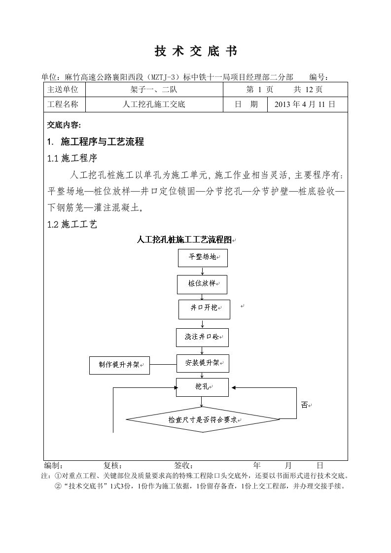 人工挖孔桩技术交底