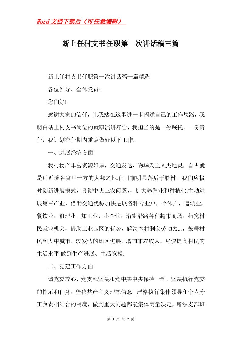 新上任村支书任职第一次讲话稿三篇Word