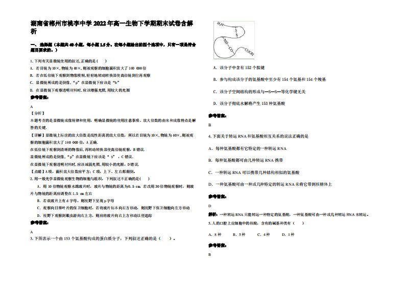 湖南省郴州市桃李中学2022年高一生物下学期期末试卷含解析