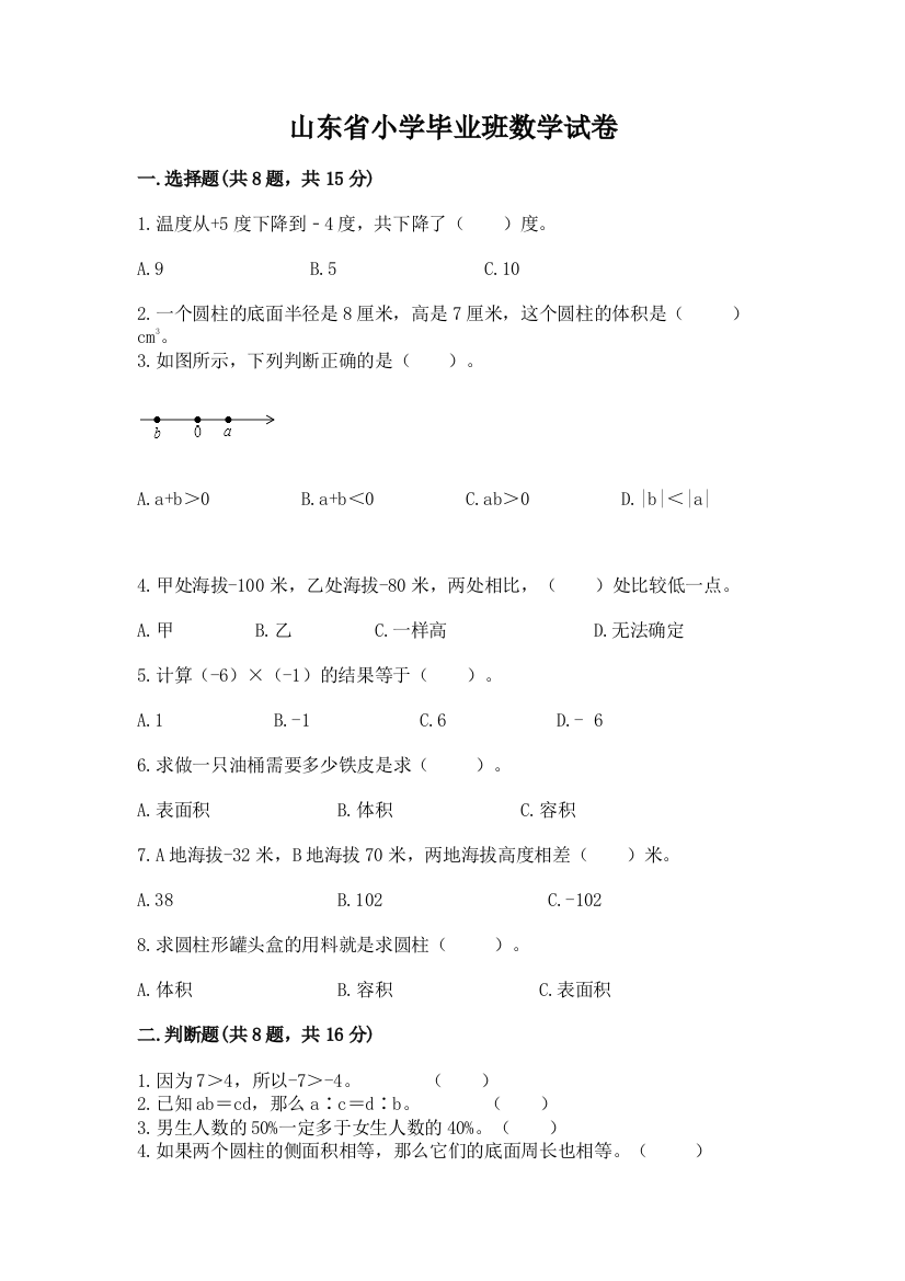 山东省小学毕业班数学试卷全面