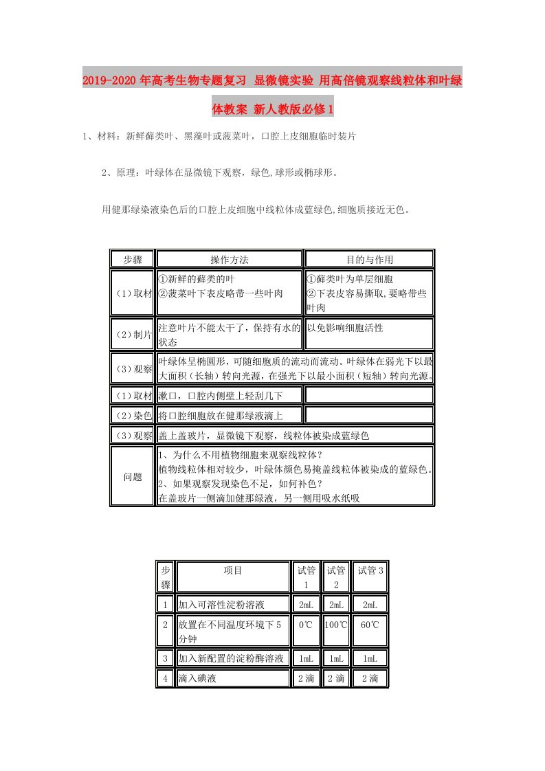 2019-2020年高考生物专题复习