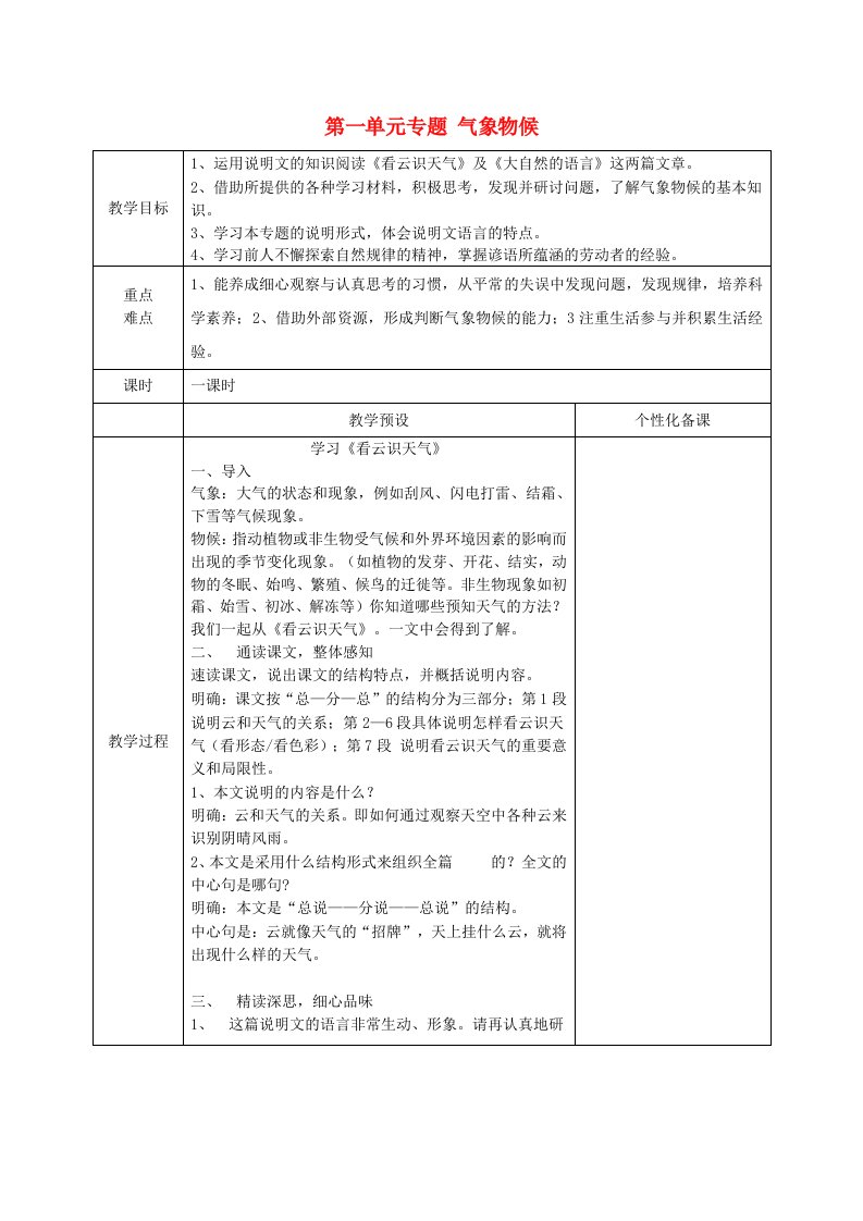 江苏省金坛市茅麓中学九年级语文上册第一单元专题气象物候教案苏教版