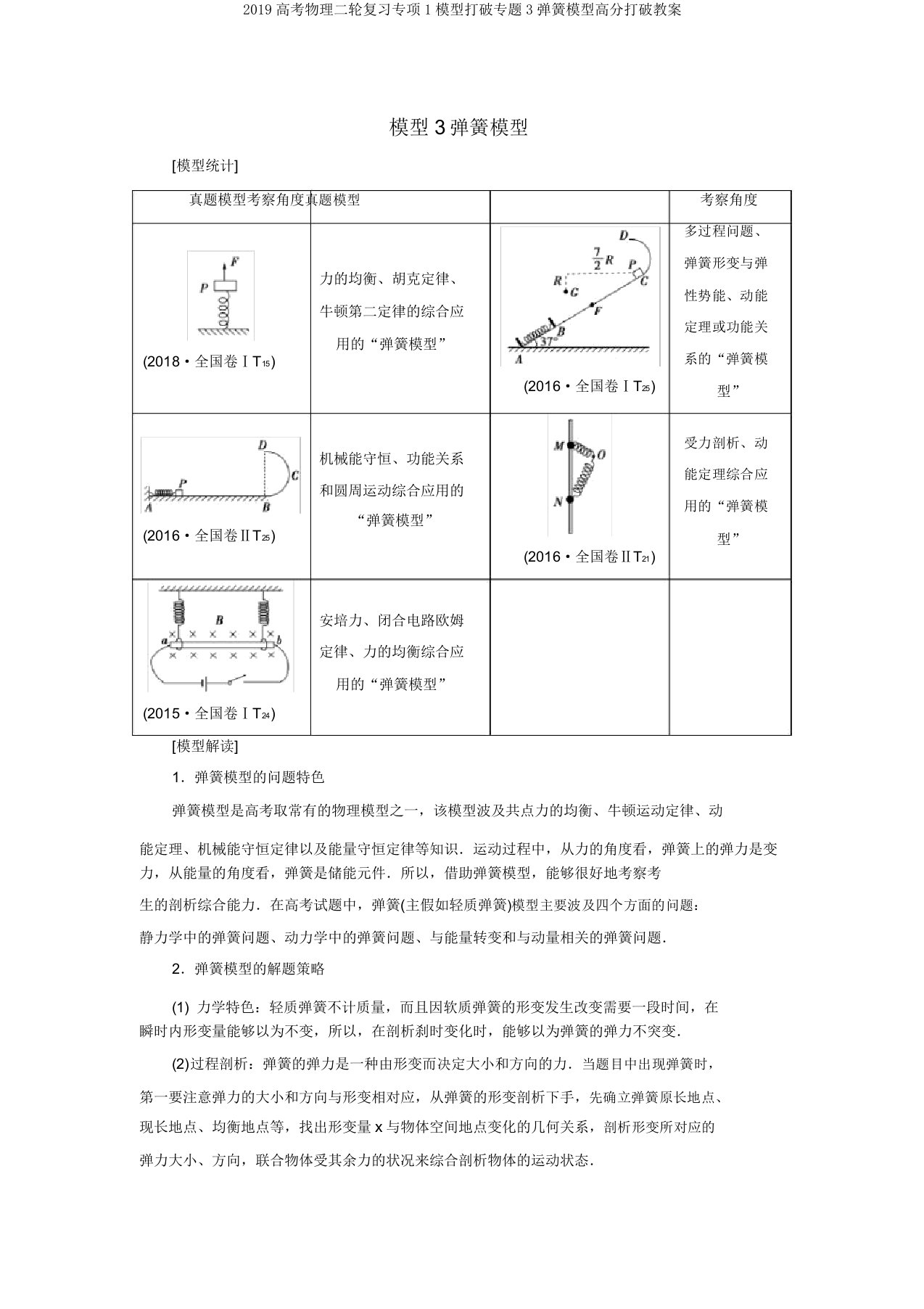 2019高考物理二轮复习专项1模型突破专题3弹簧模型高分突破学案