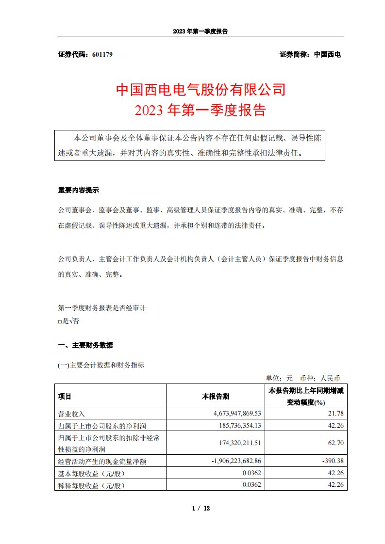 上交所-中国西电2023年一季度报告-20230420