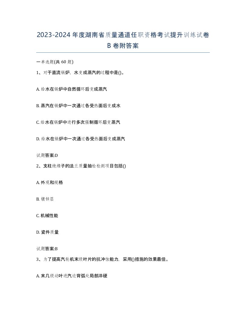 20232024年度湖南省质量通道任职资格考试提升训练试卷B卷附答案