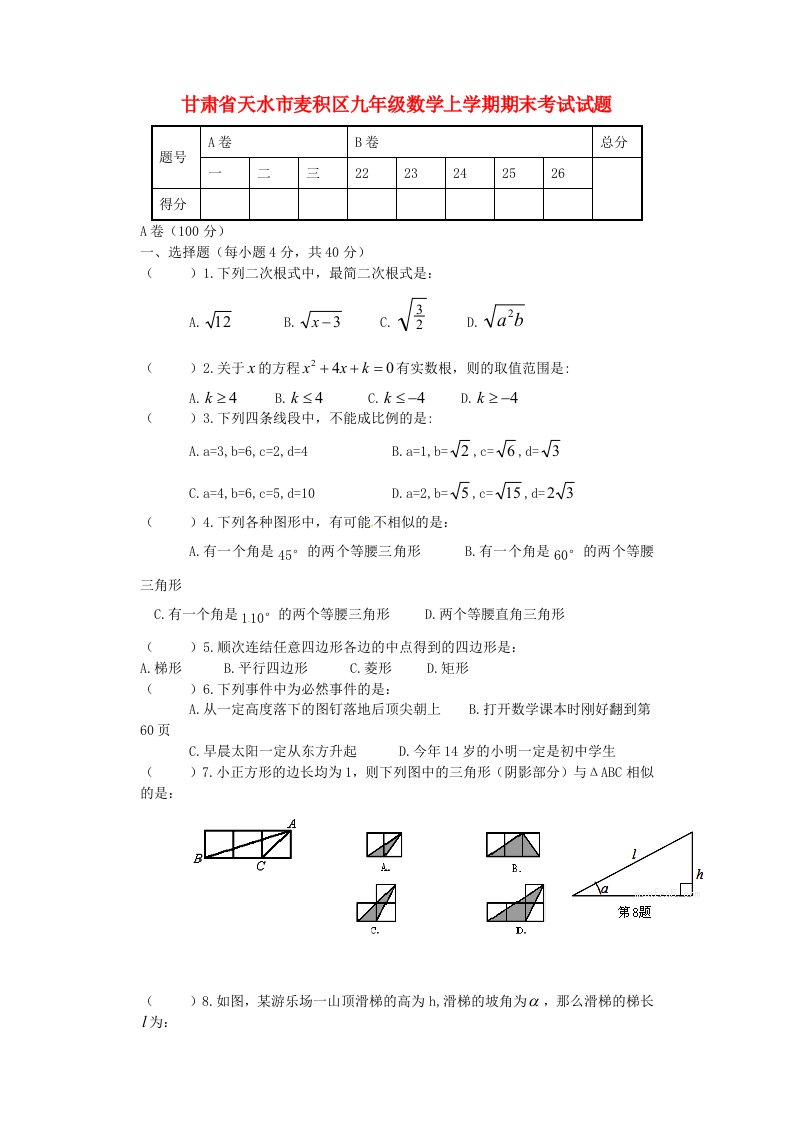 甘肃省天水市麦积区九级数学上学期期末考试试题