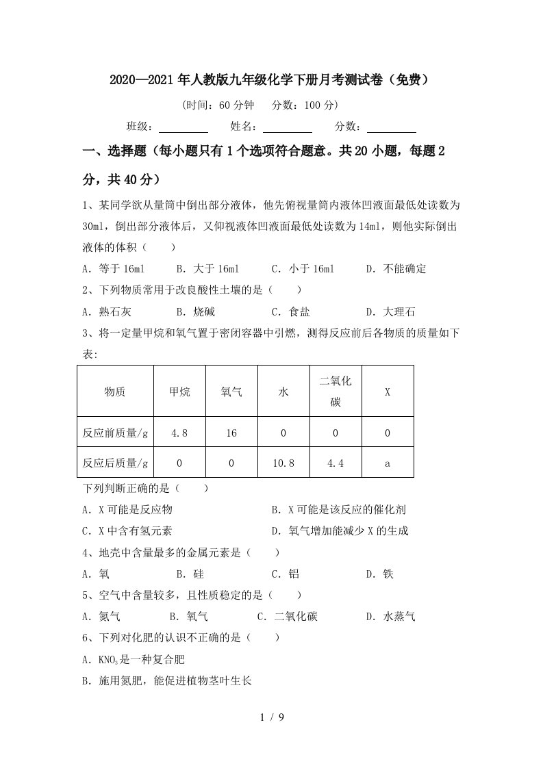 20202021年人教版九年级化学下册月考测试卷免费