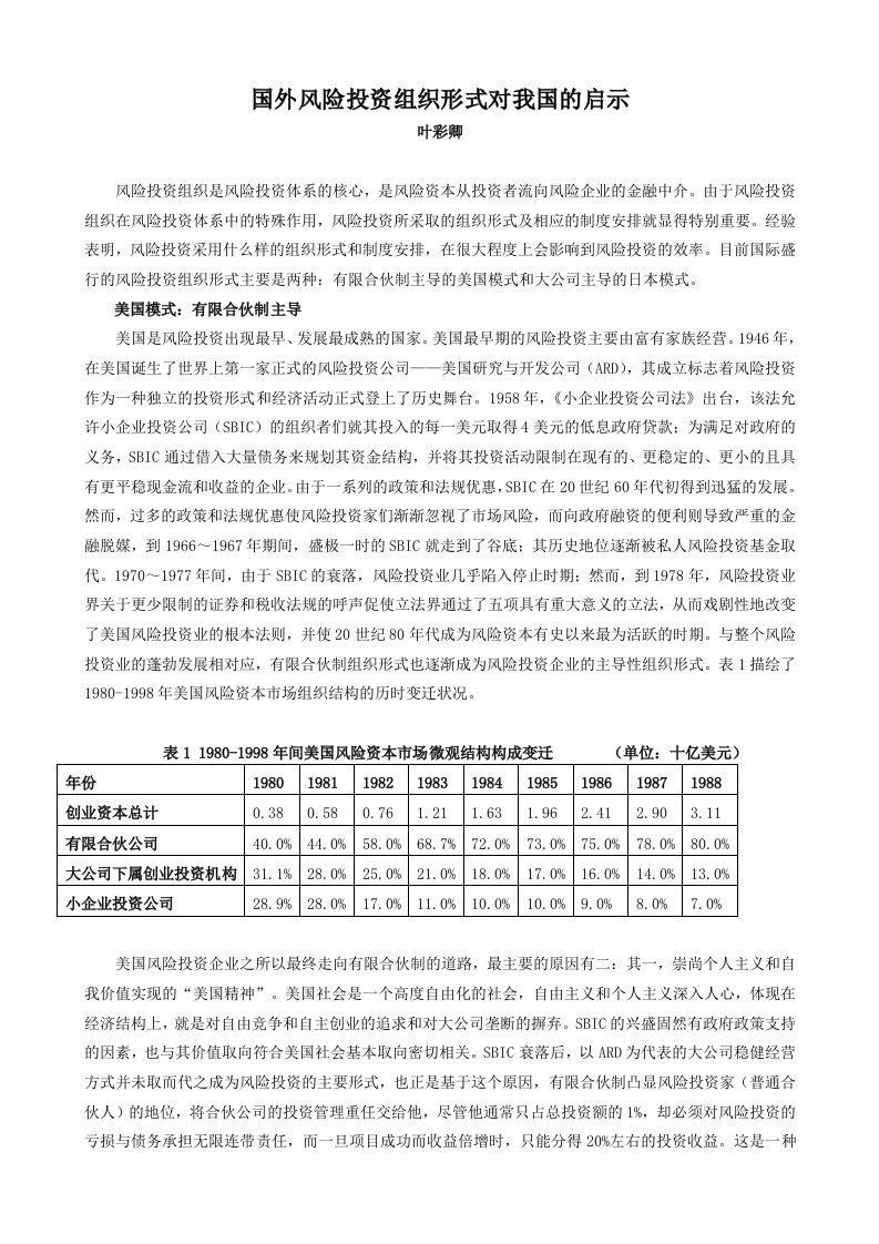 国外风险投资组织形式对我国的启示