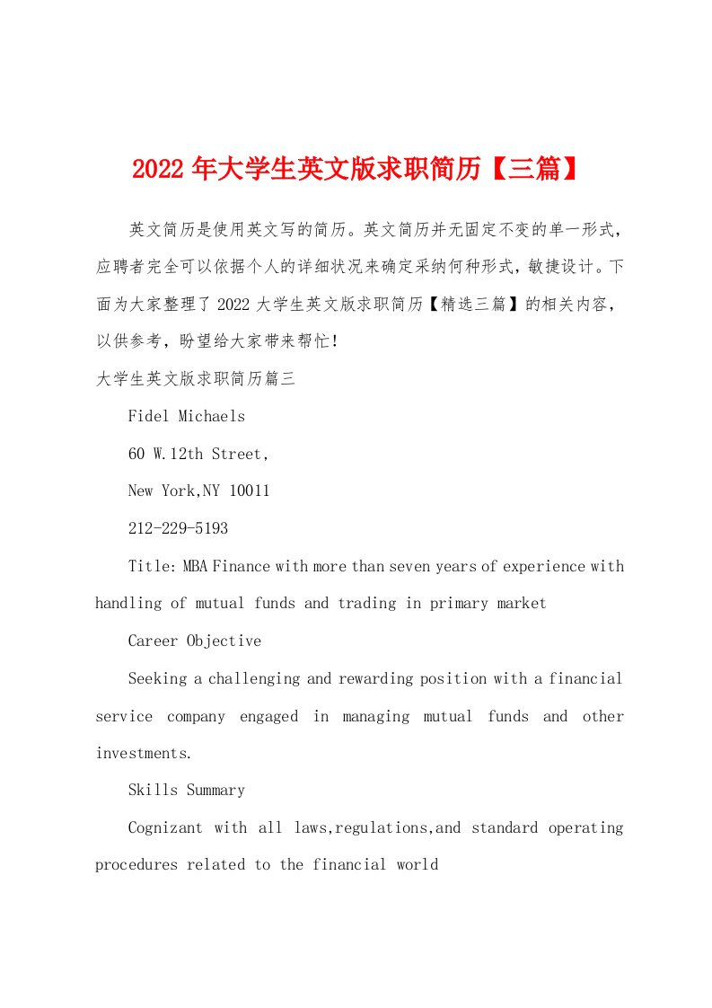 2022年大学生英文版求职简历