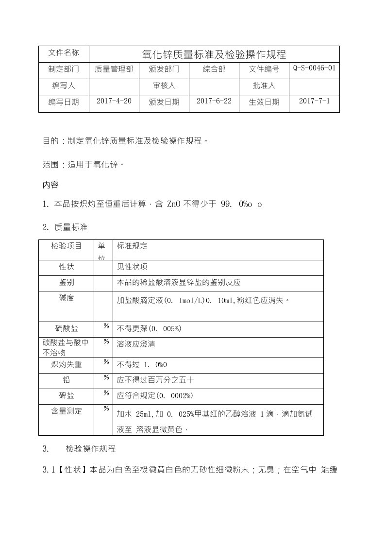 Q-S-0046-氯化锌质量标准及检验操作规程